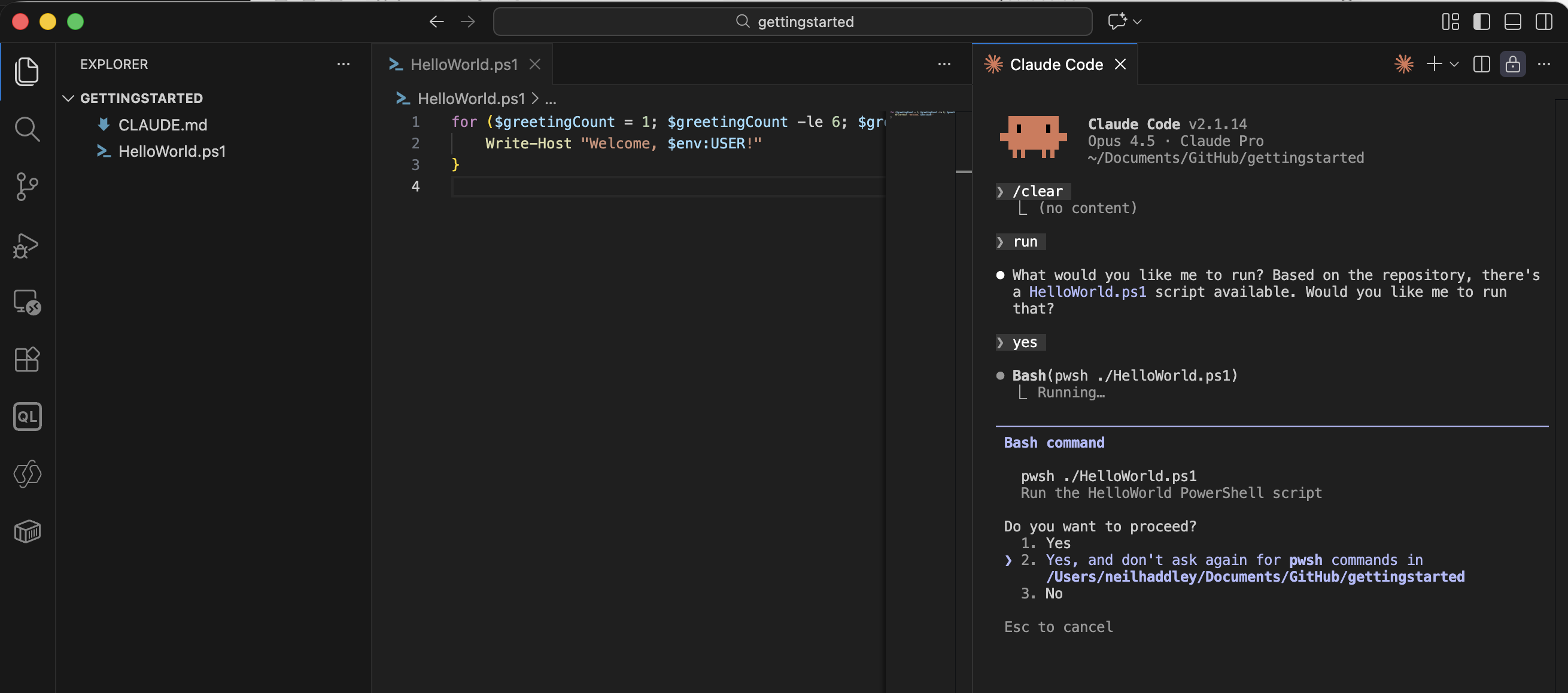 Yes, and don't ask again for pwsh commands in /User/neilhaddley/Documents/GitHub/gettingstarted